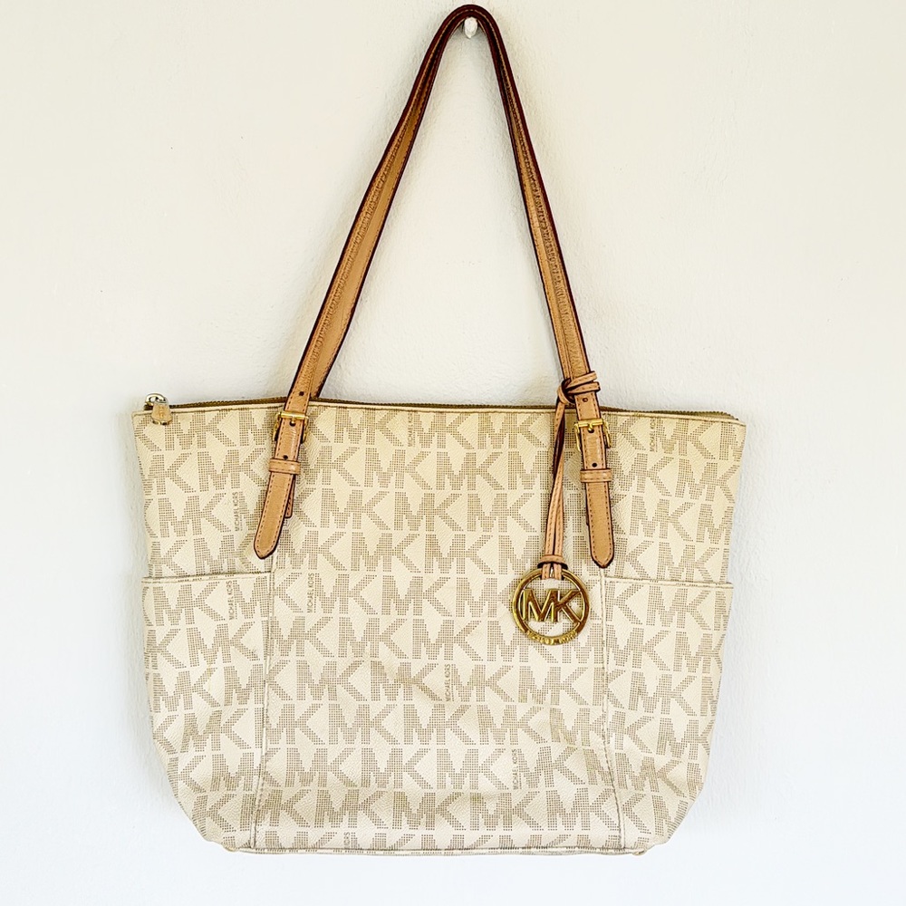 MICHAEL KORS tan beige MK monogram print leather zipper closure shoulder bag